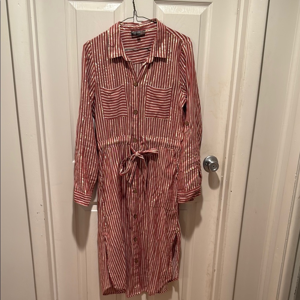 Red and White Long Sleeve Sundress with Notched Collar